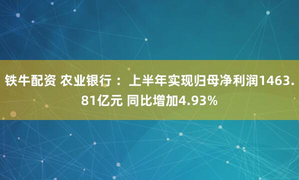 铁牛配资 农业银行 ：上半年实现归母净利润1463.81亿元 同比增加4.93%